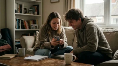 Young couple checking what WTM means from a funny text message on a phone
