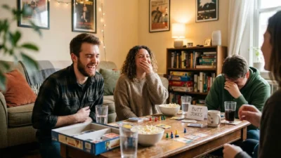Friends laughing around a coffee table playing a board game with a butt jokes card