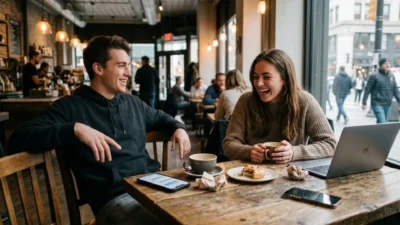Young man and woman laughing together at a rustic cafe table with coffee cups and a laptop.