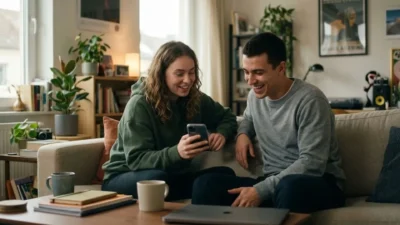 Man and woman sitting on a living room sofa smiling and looking at a smartphone together