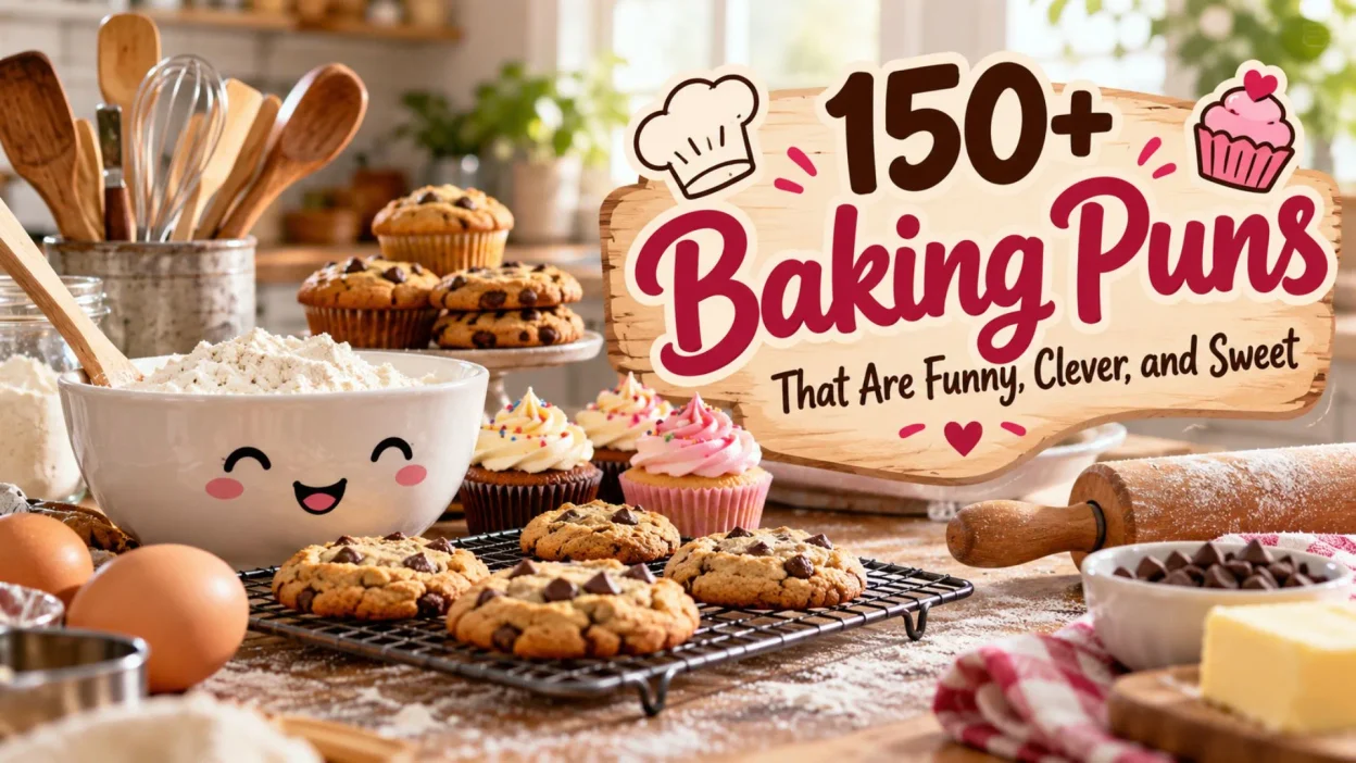 150+ baking puns with freshly baked cookies, colorful cupcakes, muffins, and a rustic kitchen baking scene