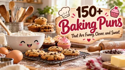 150+ baking puns with freshly baked cookies, colorful cupcakes, muffins, and a rustic kitchen baking scene
