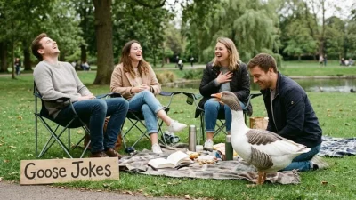 Friends laughing at a picnic in the park as a goose approaches a Goose Jokes sign