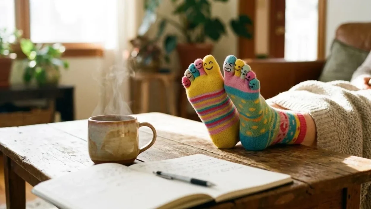 Person relaxing with colorful smiley-face toe socks resting on a rustic wooden coffee table beside a hot mug.