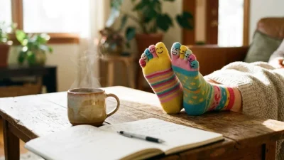 Person relaxing with colorful smiley-face toe socks resting on a rustic wooden coffee table beside a hot mug.