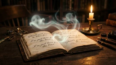 Open vintage book with ghost puns in script illuminated by candle light on a dark rustic wooden desk