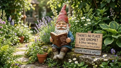Garden gnome reading a pun book next to a wooden sign in a lush flower garden