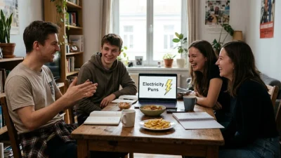 Friends laughing around a table with a laptop showing Electricity Puns.