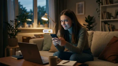 Woman sitting on couch smiling playfully at phone screen showing IHY chat bubble