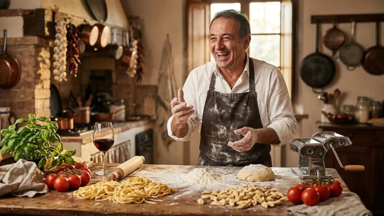 Italian chef laughing in rustic kitchen with handmade pasta, ripe tomatoes, wine, and a pasta maker machine