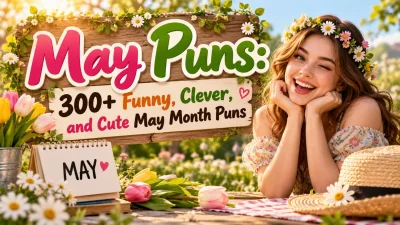 May puns featured image with spring flowers, a smiling woman, and a sign promoting funny, clever, and cute May month puns