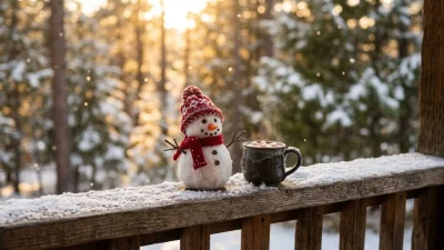 Small handmade snowman wearing a red knit hat and scarf next to hot cocoa on a snowy deck railing.