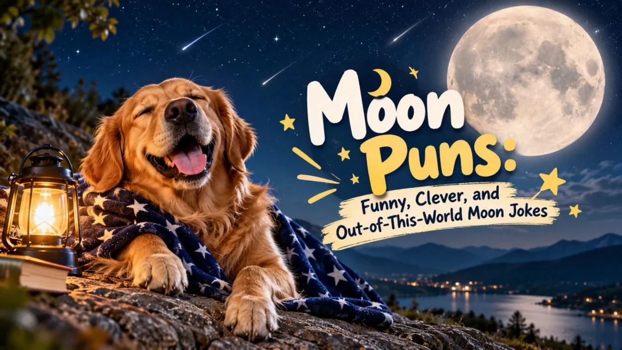 Moon puns featured image with a glowing full moon, starry sky, and a happy golden retriever under a starry blanket
