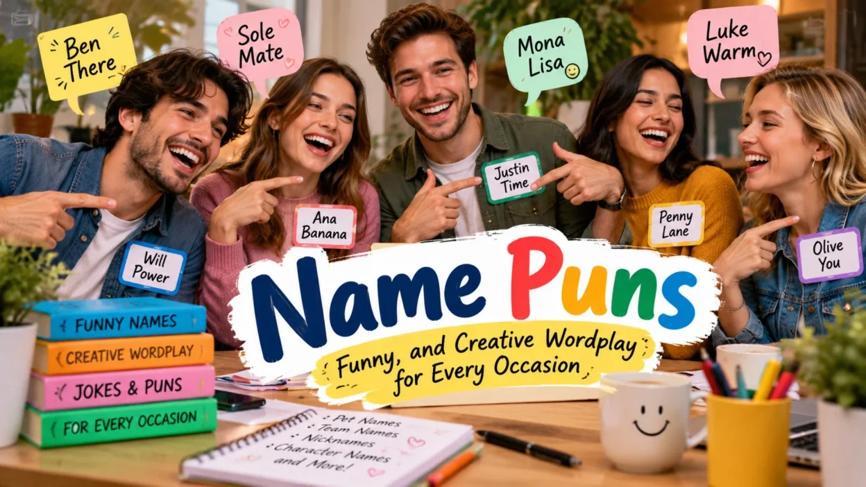 Name puns featuring friends laughing together and sharing funny names and creative wordplay for every occasion.