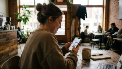 Woman smiling at text messages on her phone while seated with a laptop and coffee at a cafe table.