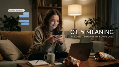 Woman smiling at her smartphone while relaxing on a couch with a laptop explaining OTPs meaning in online chat