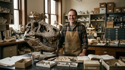 Smiling male paleontologist standing beside a large dinosaur skull in a research workshop