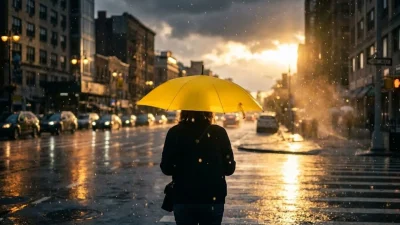 Person with a bright yellow umbrella walking down a wet city street at sunset during light rain