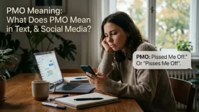 Frustrated woman checking her smartphone at a desk with text explaining PMO meaning in messaging