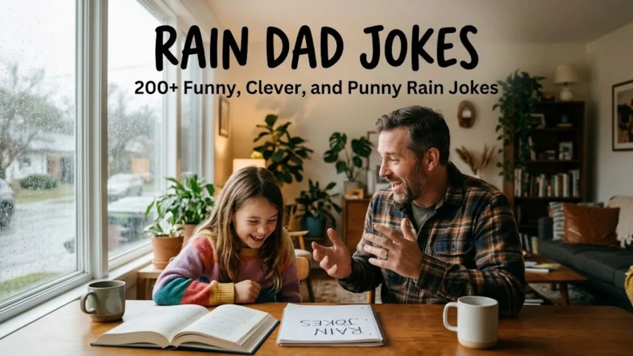 Father telling funny rain dad jokes to his laughing daughter indoors by a rainy window