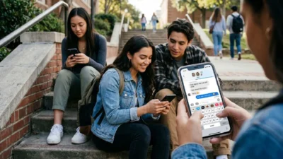 College students sitting outside chatting and reading RS slang on a smartphone screen