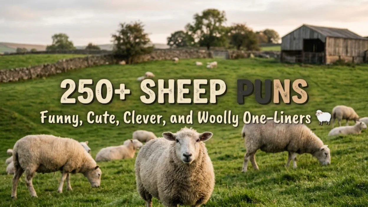 Flock of fluffy sheep grazing in a green rural meadow with a rustic barn under soft evening light
