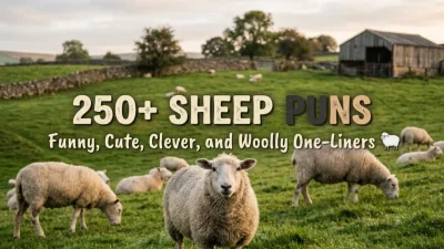 Flock of fluffy sheep grazing in a green rural meadow with a rustic barn under soft evening light