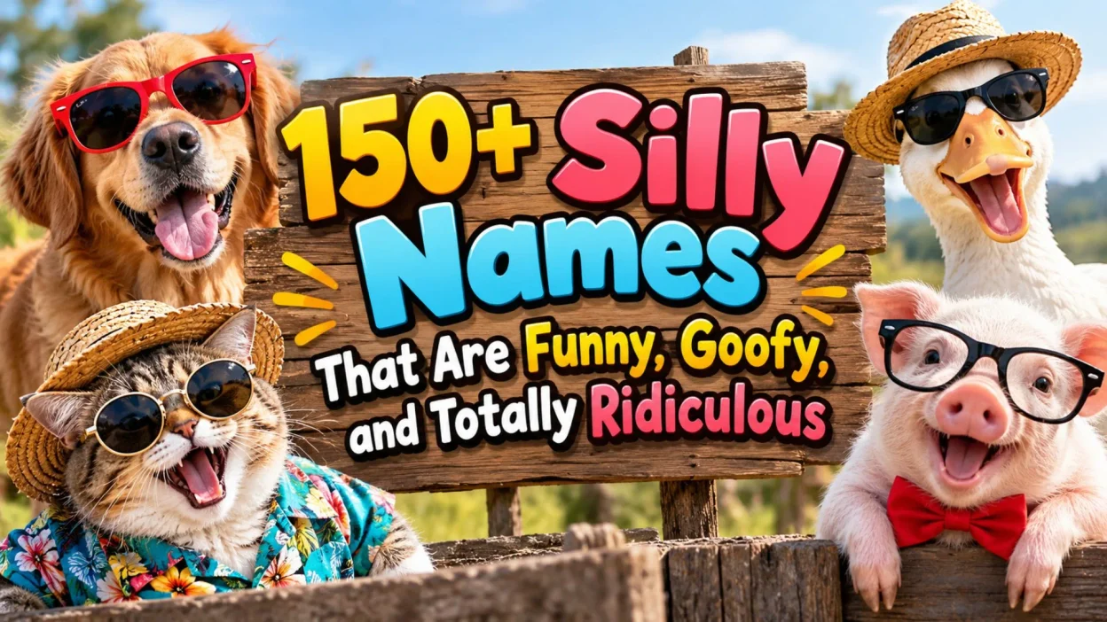 150+ silly names featuring a funny dog, cat, duck, and pig wearing goofy accessories