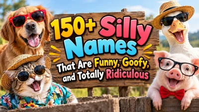 150+ silly names featuring a funny dog, cat, duck, and pig wearing goofy accessories