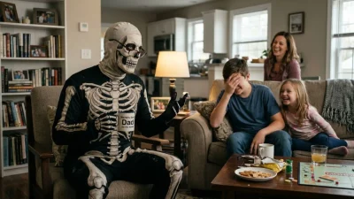 Dad in a realistic skeleton costume telling funny skeleton dad jokes to laughing family in living room