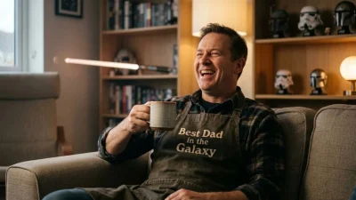 Father laughing on sofa wearing Best Dad in the Galaxy apron with sci-fi helmet decor