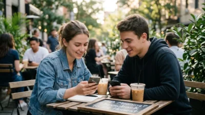 Two friends at an outdoor cafe smiling at their phones near a chalkboard explaining TB slang meaning