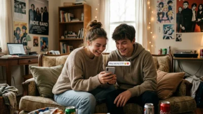 Two smiling teenagers on a couch looking at a phone screen showing a text message about OTP slang