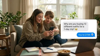 Siblings laughing on couch looking at a phone screen with chat overlay explaining DTM slang meaning