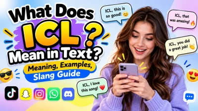 : What does ICL mean in text graphic with texting examples, slang guide, and a woman using her smartphone