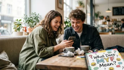 Two friends laughing at a phone in a cafe near a notebook asking What Does MYF Mean