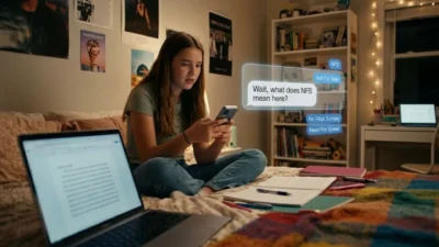 Girl studying in bedroom looking at phone text asking what NFS means