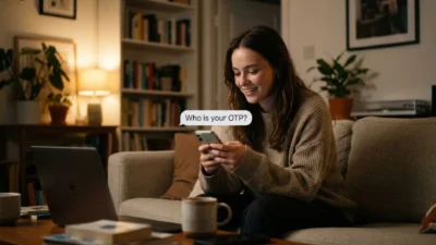 Young woman smiling while reading a text message asking who is your OTP on her smartphone