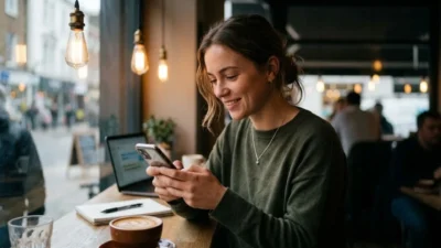 Woman smiling at her smartphone over coffee while texting what does wbu mean