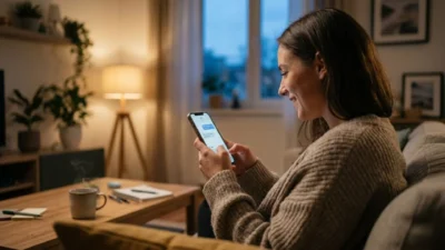 Woman smiling while texting on her smartphone on a cozy living room couch