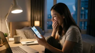 Woman smiling at a phone screen reading nmms text message