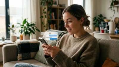 Young woman smiling while reading a WGO text message on her phone on a cozy couch