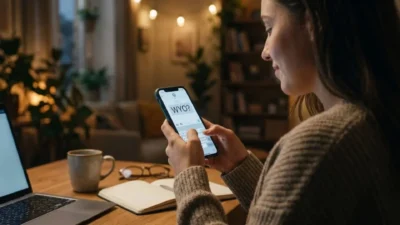 Woman sitting at a wooden desk at night reading a text message showing WYO on her smartphone screen.