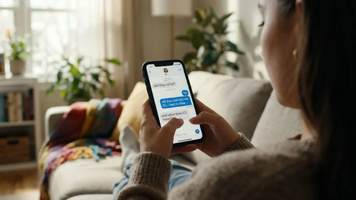 : Woman on a couch reading a text conversation about the meaning of the slang term ICL on her phone