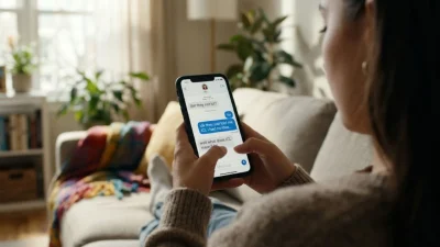 : Woman on a couch reading a text conversation about the meaning of the slang term ICL on her phone
