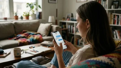 Woman sitting on sofa reading text message on smartphone to understand slang