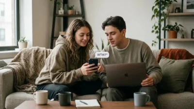 Young man and woman sitting on couch looking at smartphone with WTW text bubble