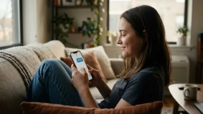 Woman relaxing on a couch smiling while reading a text message saying HYD on her smartphone.