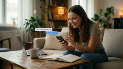 Woman smiling at smartphone chat showing OMY abbreviation on a living room couch