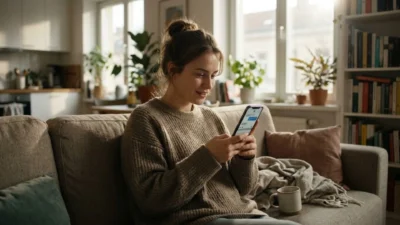 Young woman smiling while reading a text on her smartphone on a cozy sofa